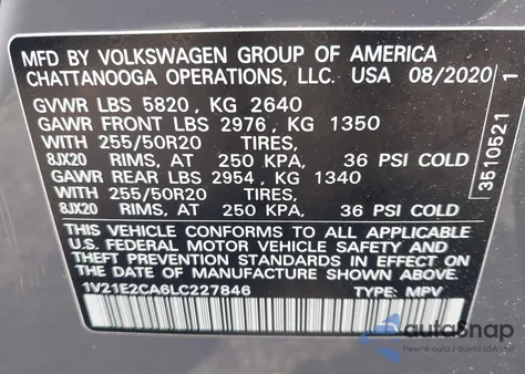 2020 Volkswagen Atlas Cross Sport 3.6L V6 Se W/Technology/3.6L V6 Se W/Technology R-Line from USA, damaged, VIN 1V21E2CA6LC227846
